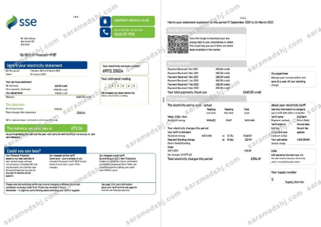 United Kingdom SSE Energy utility bill, Word and PDF template, 4 pages 1 2